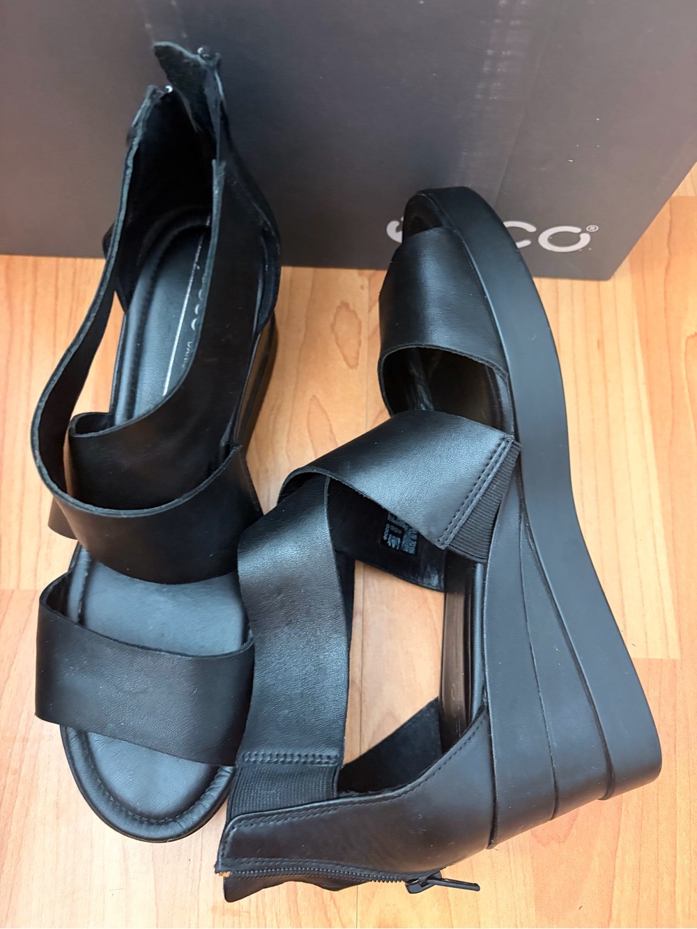 ECCO Black Leather Back-Zip Platform Wedge Sandals size EU 37 US 6 - Picture 2 of 5